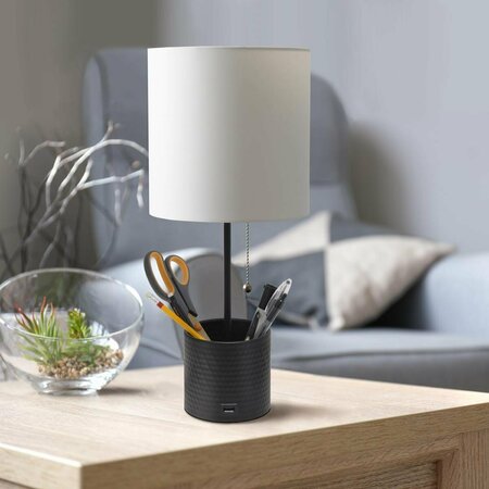 LIGHTING BUSINESS 8 x 8 x 18.5 in. Hammered Metal Organizer Table Lamp with USB charging port & Fabric Shade, Black LI1684777